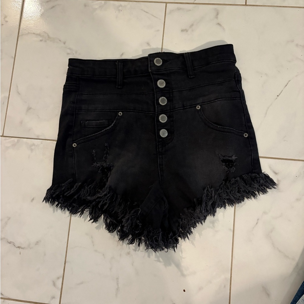 High Waist Black Distressed Denim Shorts